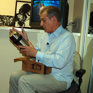 2006,   Backstage at CBS studios: a gift thermos from Bill Maher  - Photo by Keith Stern