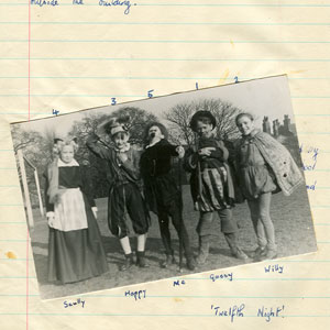 Maria (C D Scully Scullthorpe), Aguecheek (D H Happy Hargreaves), Malvolio (Ian Kellogs McKellen), Belch (K Gassy Gaskell), Fabian (W V Willy Duncalf)<BR><BR>
Hopefield is jealously guarded by Mrs Collins (alias the old hag.)  The photo was taken just outside the building. -- scrapbook entry