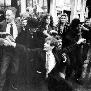 1988,   25 January 1988<br>The Arts Lobby<br>Melvyn Bragg, Michael Cashman, Ian McKellen, Eleanor Bron, Terry Jones, Sheila Hancock, Lenny Henry and others outside The Playhouse  - Photo by Keith Dobney