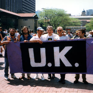 First gay pride parade in Johannesburg.  Antony Sher (who painted the banner), Gregory Doran, Jason, IM, Sean Mathias, ?, Patsy Rodenburg