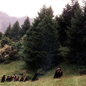 Gandalf (Ian McKellen) and Frodo (Elijah Wood) lead the Fellowship through the mountains