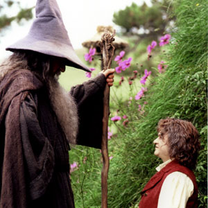 Gandalf (Ian McKellen) and a Hobbit
