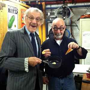 Ian McKellen and Rob Brenner preparing Spooner's breakfast backstage at the Cort Theatre January 18, 2014